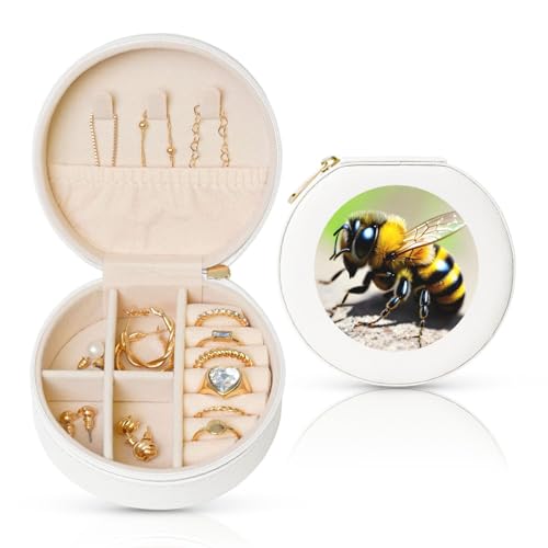 Niedliche kleine Bienen-Schmuckschatulle, Reise-Schmuck-Organizer, Aufbewahrung für Damen, Halsketten, Ohrringe, Ringe, Accessoires, Aufbewahrung (weiß, rund) von WapNo