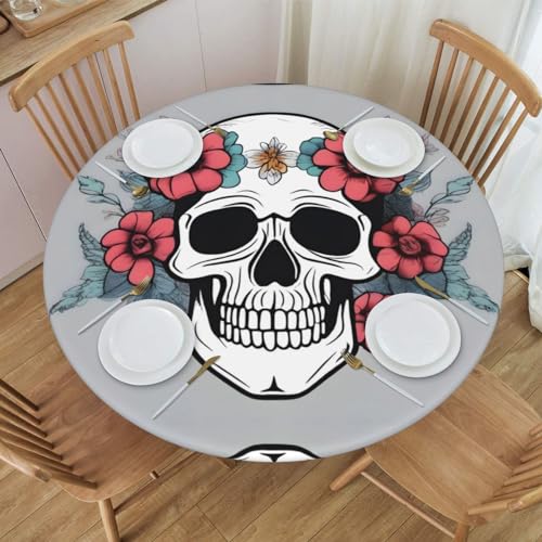 Runde Tischdecke mit Blumenverzierung, Totenkopf-Muster, wasserdicht und abwischbar, mit elastischen Kanten, geeignet zum Dekorieren von runden Tischen. von WapNo