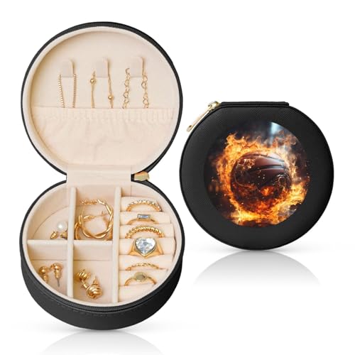 Schmuckkästchen mit Basketball auf Feuer und Wasserflamme, spritzende Schmuckschatulle, Reise-Schmuck-Organizer, Aufbewahrung für Damen, Halsketten, Ohrringe, Ringe, Zubehör, Aufbewahrung (schwarz, von WapNo