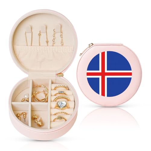 Schmuckschatulle mit Flagge Islands, Reise-Schmuck-Organizer, Aufbewahrung für Damen, Halsketten, Ohrringe, Ringe, Accessoires, Aufbewahrung (rosa, rund) von WapNo