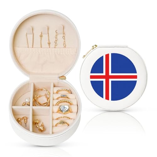 Schmuckschatulle mit Flagge Islands, Reise-Schmuck-Organizer, für Damen, Halsketten, Ohrringe, Ringe, Accessoires, Aufbewahrung (weiß, rund) von WapNo