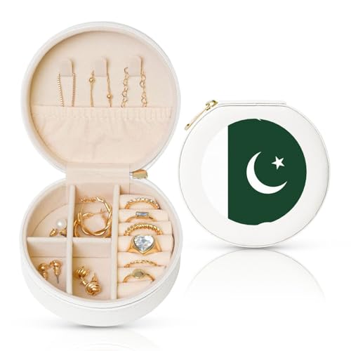 Schmuckschatulle mit Flagge Pakistans, Reise-Schmuck-Organizer, für Damen, Halsketten, Ohrringe, Ringe, Accessoires, Aufbewahrung (weiß, rund) von WapNo