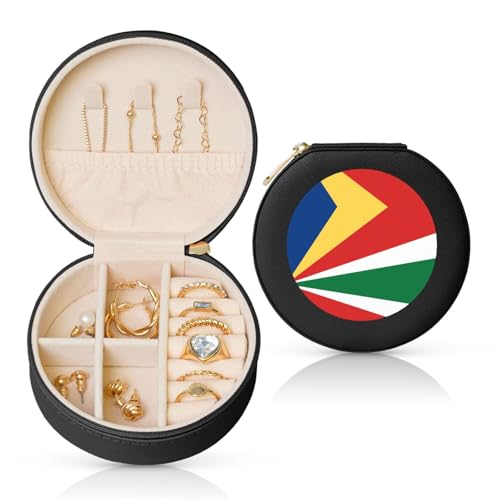 Schmuckschatulle mit Flagge der Seychellen, Reise-Schmuck-Organizer, für Damen, für Halsketten, Ohrringe, Ringe, Accessoires, Aufbewahrung (schwarz, rund) von WapNo