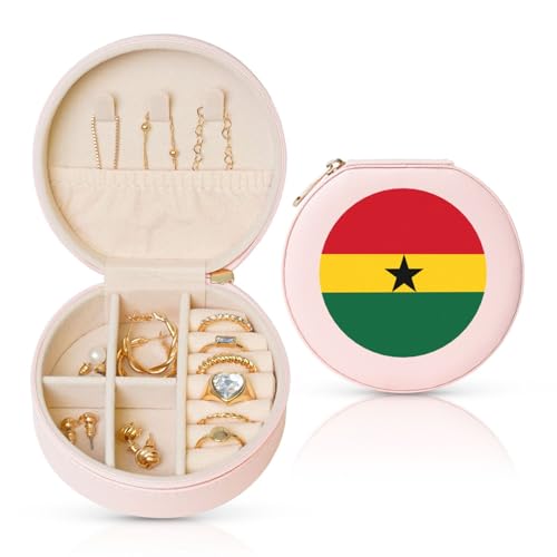 Schmuckschatulle mit Flagge von Ghana, Reise-Schmuck-Organizer, für Damen, für Halsketten, Ohrringe, Ringe, Accessoires, Aufbewahrung (rosa, rund) von WapNo