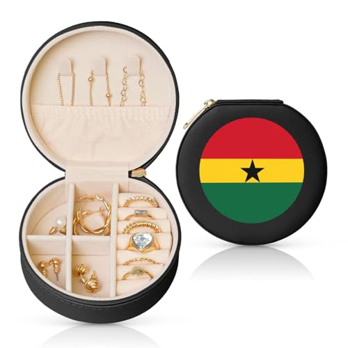 Schmuckschatulle mit Flagge von Ghana, Reise-Schmuck-Organizer, für Damen, für Halsketten, Ohrringe, Ringe, Accessoires, Aufbewahrung (schwarz, rund) von WapNo