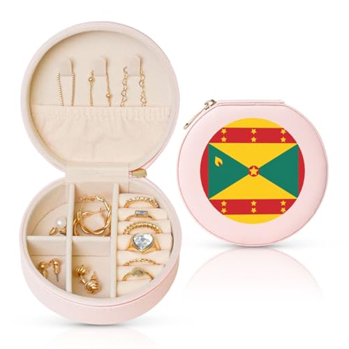 Schmuckschatulle mit Flagge von Grenada, Reise-Schmuck-Organizer, für Damen, für Halsketten, Ohrringe, Ringe, Accessoires, Aufbewahrung (rosa, rund) von WapNo