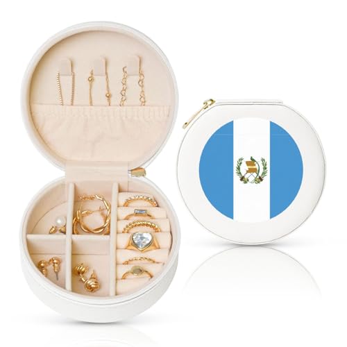 Schmuckschatulle mit Flagge von Guatemala, Reise-Schmuck-Organizer, für Damen, für Halsketten, Ohrringe, Ringe, Accessoires, Aufbewahrung (weiß, rund) von WapNo