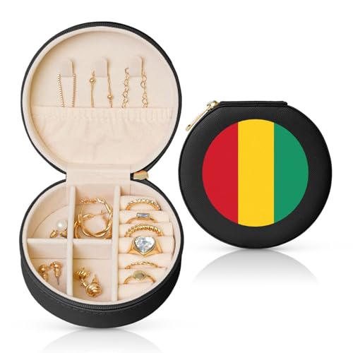 Schmuckschatulle mit Flagge von Guinea, Reise-Schmuck-Organizer, für Damen, Halsketten, Ohrringe, Ringe, Accessoires, Aufbewahrung (schwarz, rund) von WapNo