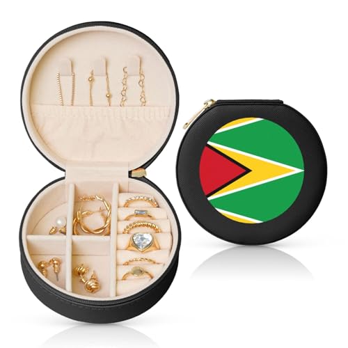 Schmuckschatulle mit Flagge von Guyana, Reise-Schmuck-Organizer, für Damen, für Halsketten, Ohrringe, Ringe, Accessoires, Aufbewahrung (schwarz, rund) von WapNo