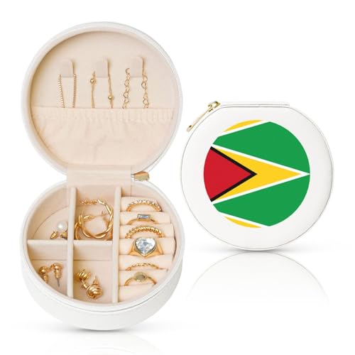 Schmuckschatulle mit Flagge von Guyana, Reise-Schmuck-Organizer, für Damen, für Halsketten, Ohrringe, Ringe, Accessoires, Aufbewahrung (weiß, rund) von WapNo