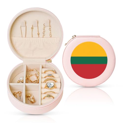 Schmuckschatulle mit Flagge von Litauen, Reise-Schmuck-Organizer, für Damen, für Halsketten, Ohrringe, Ringe, Accessoires, Aufbewahrung (rosa, rund) von WapNo