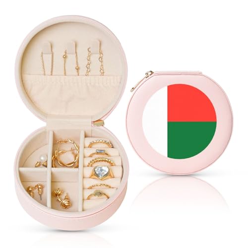 Schmuckschatulle mit Flagge von Madagaskar, Reise-Schmuck-Organizer, für Damen, für Halsketten, Ohrringe, Ringe, Accessoires, Aufbewahrung (rosa, rund) von WapNo