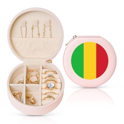 Schmuckschatulle mit Flagge von Mali, Reise-Schmuck-Organizer, für Damen, Halsketten, Ohrringe, Ringe, Accessoires, Aufbewahrung (rosa, rund) von WapNo