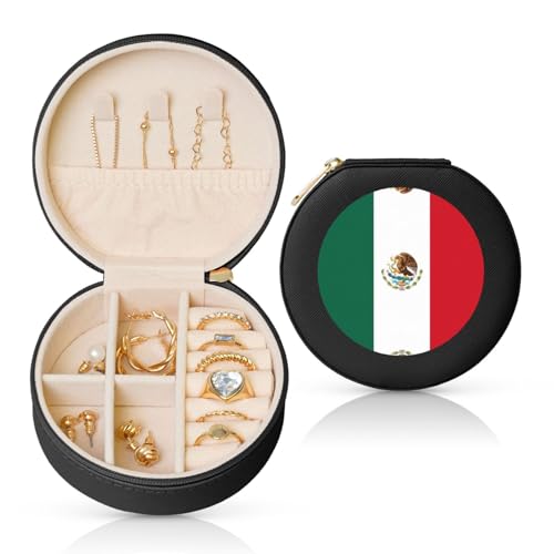 Schmuckschatulle mit Flagge von Mexiko, Reise-Schmuck-Organizer, für Damen, Halsketten, Ohrringe, Ringe, Accessoires, Aufbewahrung (schwarz, rund) von WapNo