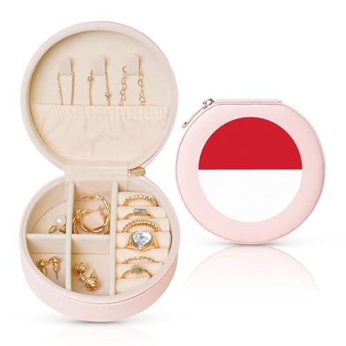 Schmuckschatulle mit Flagge von Monaco, Reise-Schmuck-Organizer, für Damen, für Halsketten, Ohrringe, Ringe, Accessoires, Aufbewahrung (rosa, rund) von WapNo