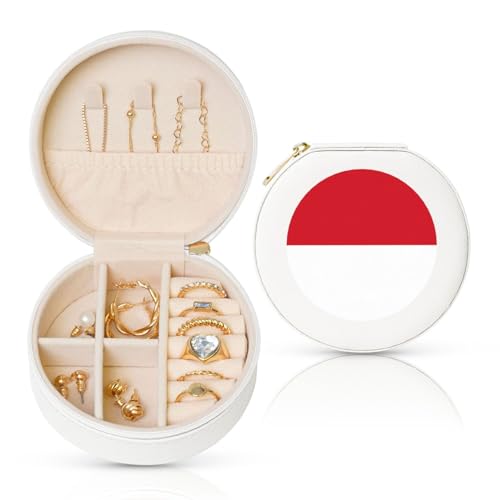 Schmuckschatulle mit Flagge von Monaco, Reise-Schmuck-Organizer, für Damen, für Halsketten, Ohrringe, Ringe, Accessoires, Aufbewahrung (weiß, rund) von WapNo