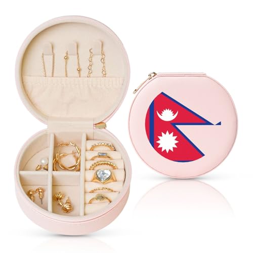 Schmuckschatulle mit Flagge von Nepal, Reise-Schmuck-Organizer, für Damen, für Halsketten, Ohrringe, Ringe, Accessoires, Aufbewahrung (rosa, rund) von WapNo