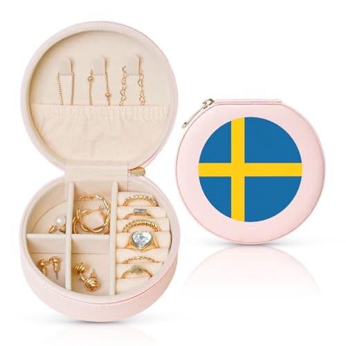 Schmuckschatulle mit schwedischer Flagge, Reise-Schmuck-Organizer, für Damen, für Halsketten, Ohrringe, Ringe, Accessoires, Aufbewahrung (rosa, rund) von WapNo