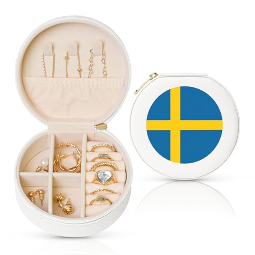 Schmuckschatulle mit schwedischer Flagge, Reise-Schmuck-Organizer, für Damen, für Halsketten, Ohrringe, Ringe, Accessoires, Aufbewahrung (weiß, rund) von WapNo