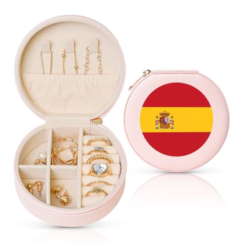 Schmuckschatulle mit spanischer Flagge, Reise-Schmuck-Organizer, für Damen, für Halsketten, Ohrringe, Ringe, Accessoires, Aufbewahrung (rosa, rund) von WapNo