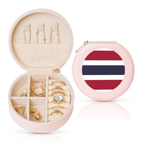 Schmuckschatulle mit thailändischer Flagge, Reise-Schmuck-Organizer, Aufbewahrung für Damen, Halsketten, Ohrringe, Ringe, Accessoires, Aufbewahrung (rosa, rund) von WapNo