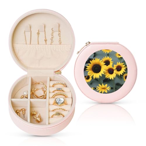 Sonnenblumen-Schmuckschatulle, Reise-Schmuck-Organizer, Aufbewahrung für Damen, Halsketten, Ohrringe, Ringe, Accessoires, Aufbewahrung (rosa, rund) von WapNo