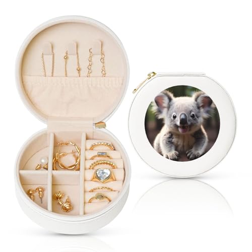 Süße Koala-Schmuckschatulle, Reise-Schmuck-Organizer, Aufbewahrung für Damen, Halsketten, Ohrringe, Ringe, Accessoires, Aufbewahrung (weiß, rund) von WapNo