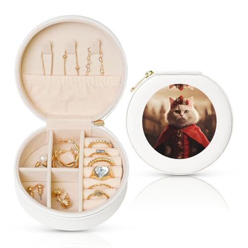 Wunderschöne Katzen-Schmuckschatulle, Reise-Schmuck-Organizer, Aufbewahrung für Damen, Halsketten, Ohrringe, Ringe, Accessoires, Aufbewahrung (weiß, rund) von WapNo