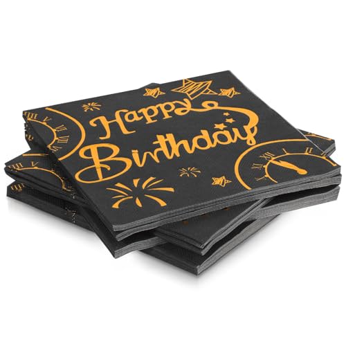 Warmhm 50 Stück Papierservietten „Happy Birthday“ Schwarze Goldfolie Punkte Papierservietten Einweg-Geburtstags-Dinner-Servietten Für Geburtstagsparty-Dekorationen von Warmhm