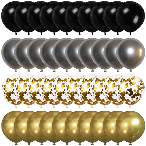 60PCS Black Gold Sliver Balloons Luftballons Gold Schwarz mit Gold Konfetti Ballons für Deko Party Feier Dekoration für Geburtstag, Geburtstagsdeko von Wasaii