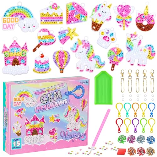 Wasarmir 15 PCS Einhorn Diamant Painting Kinder Set, 5D DIY Diamond Painting Anhänger Set, Dekorative Diamond Schlüsselanhänger Kits mit Zubehör, Glitter Kunst und Handwerk für Jungen Mädchen von Wasarmir