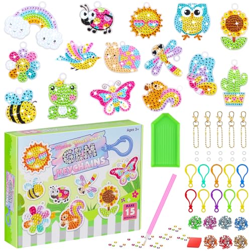 Wasarmir 15 PCS Tier Diamant Painting Kinder Set, 5D DIY Diamond Painting Anhänger Set, Dekorative Diamond Schlüsselanhänger Kits mit Zubehör, Glitter Kunst und Handwerk für Jungen Mädchen von Wasarmir