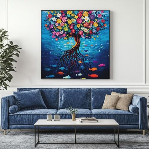 5D Diamond Painting Baum der Leben Fisch Diamant Painting Bilder, DIY Rundbohrer Diamond Art Diamond Painting, Basteln Erwachsene Diamant Kunst Malerei Stickerei Set, Home Wand Decor 95x95 cm -yz375 von Washifa