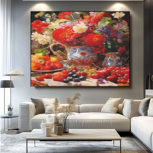 5D Diamond Painting Blume Essen Tisch Diamant Painting Bilder, DIY Rundbohrer Diamond Art Diamond Painting, Basteln Erwachsene Diamant Kunst Malerei Stickerei Set, Home Wand Decor 90x75 cm -yz246 von Washifa