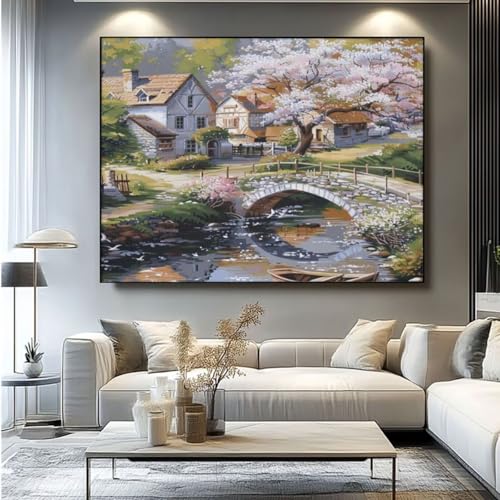 5D Diamond Painting Brücke Dorf Diamant Painting Bilder, DIY Rundbohrer Diamond Art Diamond Painting Zubehör, Basteln Erwachsene Diamant Kunst Malerei Stickerei Set, Home Wand Decor 80x65 cm -yz107 von Washifa