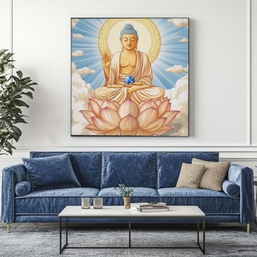 5D Diamond Painting Buddha Lotus Diamant Painting Bilder, DIY Rundbohrer Diamond Art Diamond Painting Zubehör, Basteln Erwachsene Diamant Kunst Malerei Stickerei Set, Home Wand Decor 95x95 cm -yz446 von Washifa