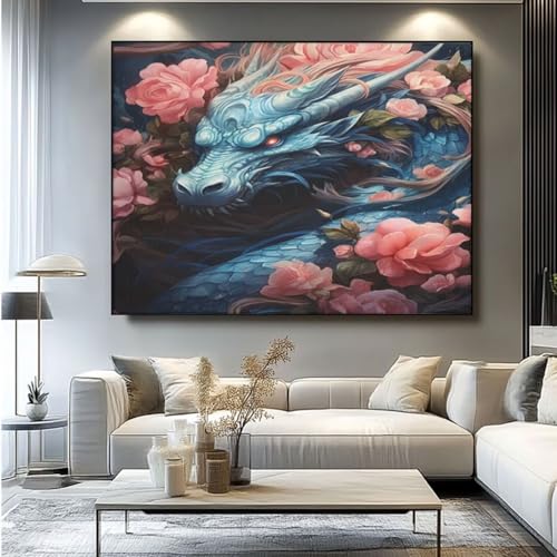 5D Diamond Painting Drache Blume Diamant Painting Bilder, DIY Rundbohrer Diamond Art Diamond Painting Zubehör, Basteln Erwachsene Diamant Kunst Malerei Stickerei Set, Home Wand Decor 50x35 cm -yz497 von Washifa