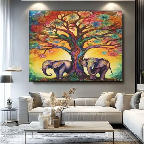 5D Diamond Painting Elefant Baum Diamant Painting Bilder, DIY Rundbohrer Diamond Art Diamond Painting Zubehör, Basteln Erwachsene Diamant Kunst Malerei Stickerei Set, Home Wand Decor 60x45 cm -yz81 von Washifa