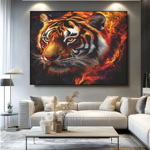 5D Diamond Painting Flamme Tiger Diamant Painting Bilder, DIY Rundbohrer Diamond Art Diamond Painting Zubehör, Basteln Erwachsene Diamant Kunst Malerei Stickerei Set, Home Wand Decor 50x35 cm -yz429 von Washifa