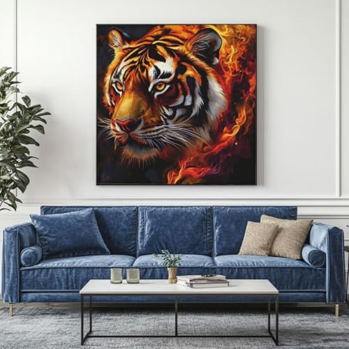 5D Diamond Painting Flamme Tiger Diamant Painting Bilder, DIY Rundbohrer Diamond Art Diamond Painting Zubehör, Basteln Erwachsene Diamant Kunst Malerei Stickerei Set, Home Wand Decor 95x95 cm -yz429 von Washifa