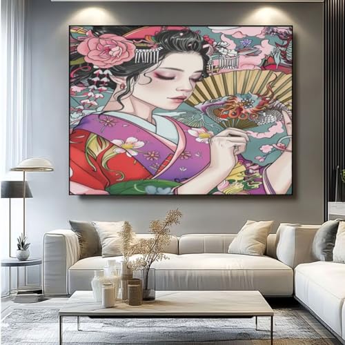 5D Diamond Painting Frau Japan Diamant Painting Bilder, DIY Rundbohrer Diamond Art Diamond Painting Zubehör, Basteln Erwachsene Diamant Kunst Malerei Stickerei Set, Home Wand Decor 90x75 cm -yz121 von Washifa