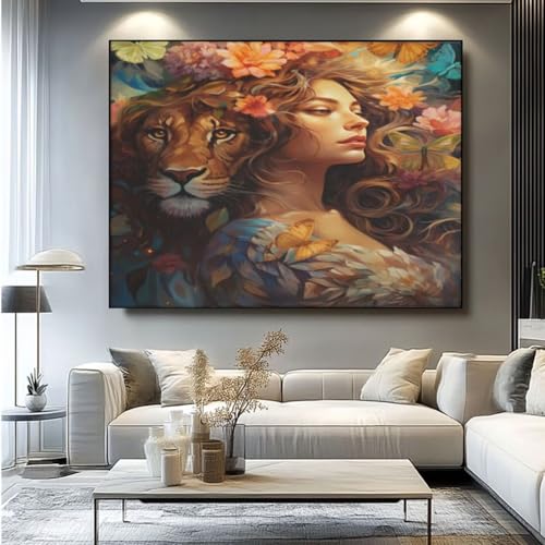 5D Diamond Painting Frau Löwe Diamant Painting Bilder, DIY Rundbohrer Diamond Art Diamond Painting Zubehör, Basteln Erwachsene Diamant Kunst Malerei Stickerei, Home Wand Decor Geschenke 90x75 cm -yz3 von Washifa