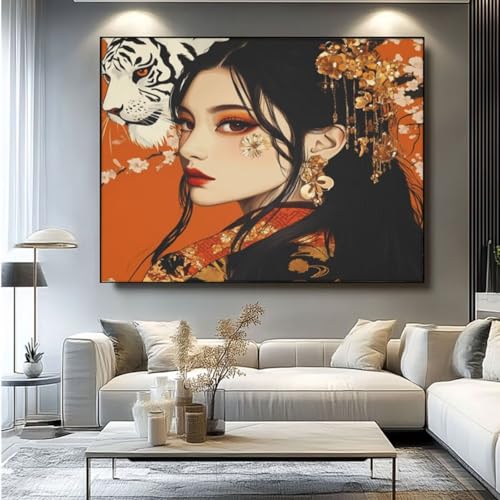 5D Diamond Painting Frau Tiger Diamant Painting Bilder, DIY Rundbohrer Diamond Art Diamond Painting Zubehör, Basteln Erwachsene Diamant Kunst Malerei Stickerei Set, Home Wand Decor 60x45 cm -yz462 von Washifa