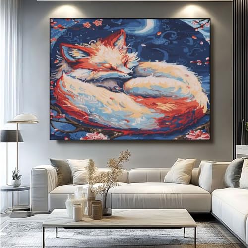 5D Diamond Painting Fuchs Mond Diamant Painting Bilder, DIY Rundbohrer Diamond Art Diamond Painting Zubehör, Basteln Erwachsene Diamant Kunst Malerei Stickerei Set, Home Wand Decor 60x45 cm -yz97 von Washifa