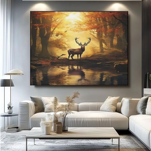 5D Diamond Painting Hirsch Wald Diamant Painting Bilder, DIY Rundbohrer Diamond Art Diamond Painting Zubehör, Basteln Erwachsene Diamant Kunst Malerei Stickerei Set, Home Wand Decor 50x35 cm -yz258 von Washifa