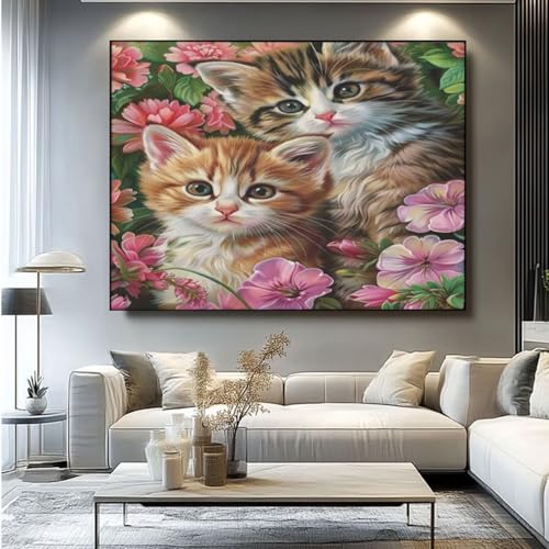 5D Diamond Painting Katze Blume Diamant Painting Bilder, DIY Rundbohrer Diamond Art Diamond Painting Zubehör, Basteln Erwachsene Diamant Kunst Malerei Stickerei Set, Home Wand Decor 100x85 cm -yz1 von Washifa