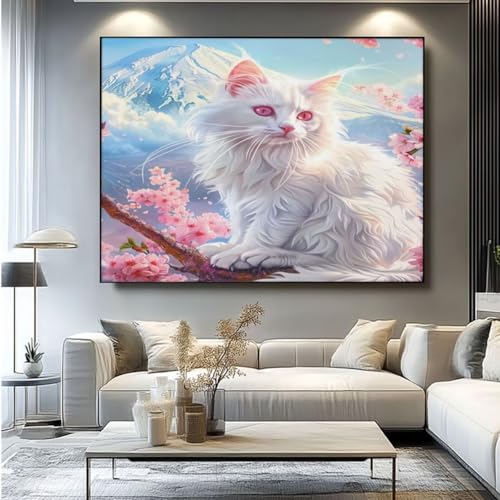 5D Diamond Painting Katze Kirschblüte Diamant Painting Bilder, DIY Rundbohrer Diamond Art Diamond Painting, Basteln Erwachsene Diamant Kunst Malerei Stickerei Set, Home Wand Decor 50x35 cm -yz139 von Washifa