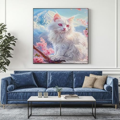 5D Diamond Painting Katze Kirschblüte Diamant Painting Bilder, DIY Rundbohrer Diamond Art Diamond Painting, Basteln Erwachsene Diamant Kunst Malerei Stickerei Set, Home Wand Decor 85x85 cm -yz139 von Washifa