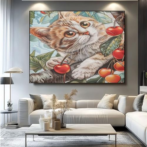 5D Diamond Painting Katze Kirsche Diamant Painting Bilder, DIY Rundbohrer Diamond Art Diamond Painting Zubehör, Basteln Erwachsene Diamant Kunst Malerei Stickerei Set, Home Wand Decor 90x75 cm -yz22 von Washifa