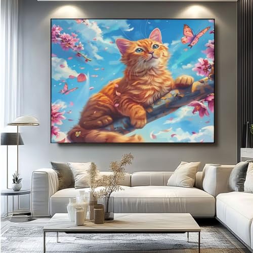 5D Diamond Painting Katze Schmetterling Diamant Painting Bilder, DIY Rundbohrer Diamond Art Diamond Painting, Basteln Erwachsene Diamant Kunst Malerei Stickerei Set, Home Wand Decor 100x85 cm -yz193 von Washifa